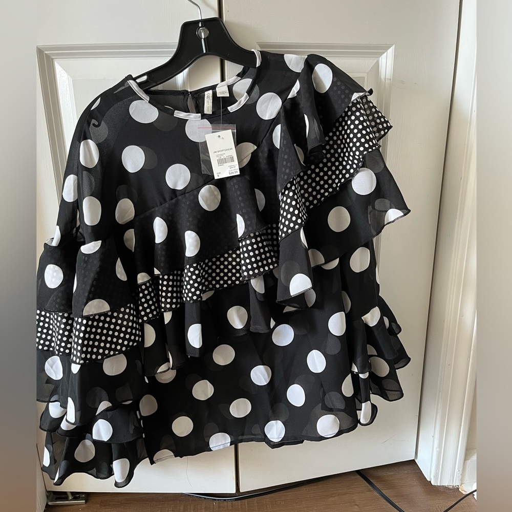 Polka Dot Blouse Bell sleeve ruffled whimsical ethereal romantic blouse top
